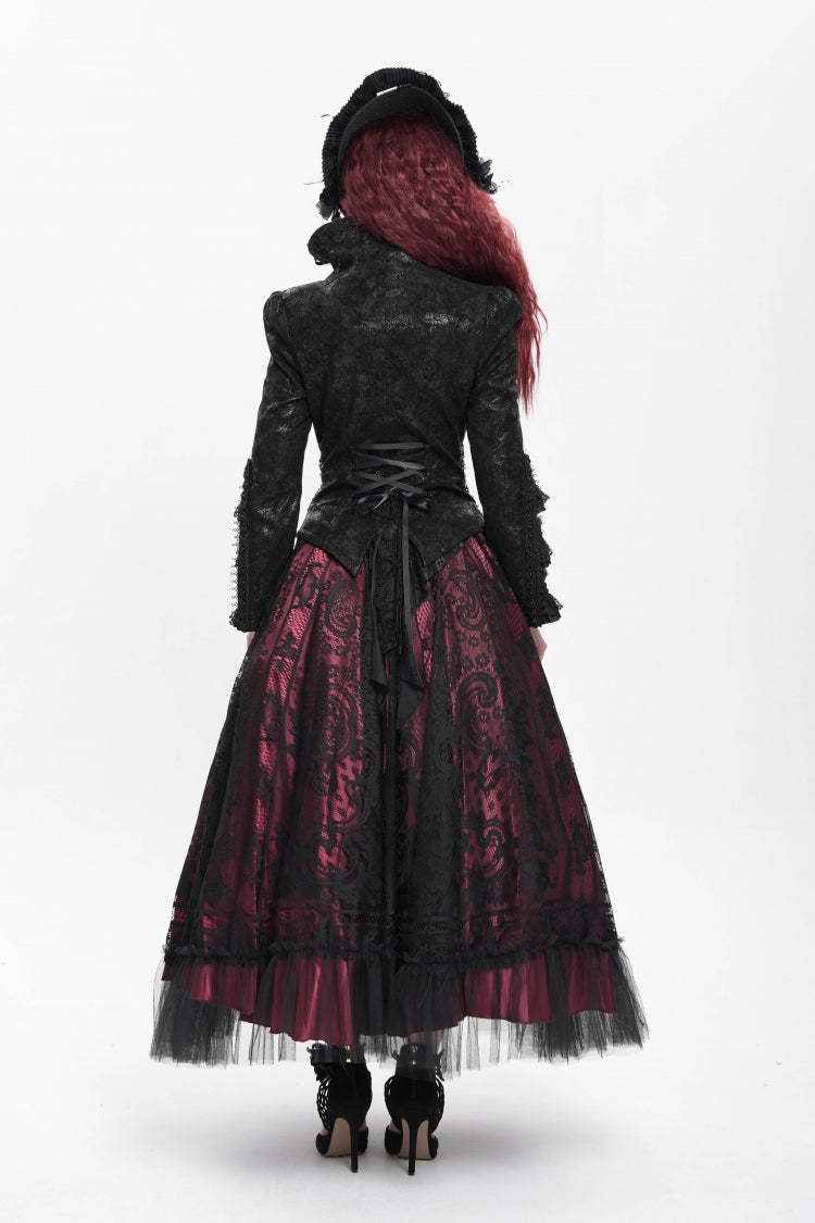 Black Lapel Collar Long Trumpet Sleeves Ruffle Lace-Up Zipper Women's Gothic Jacket