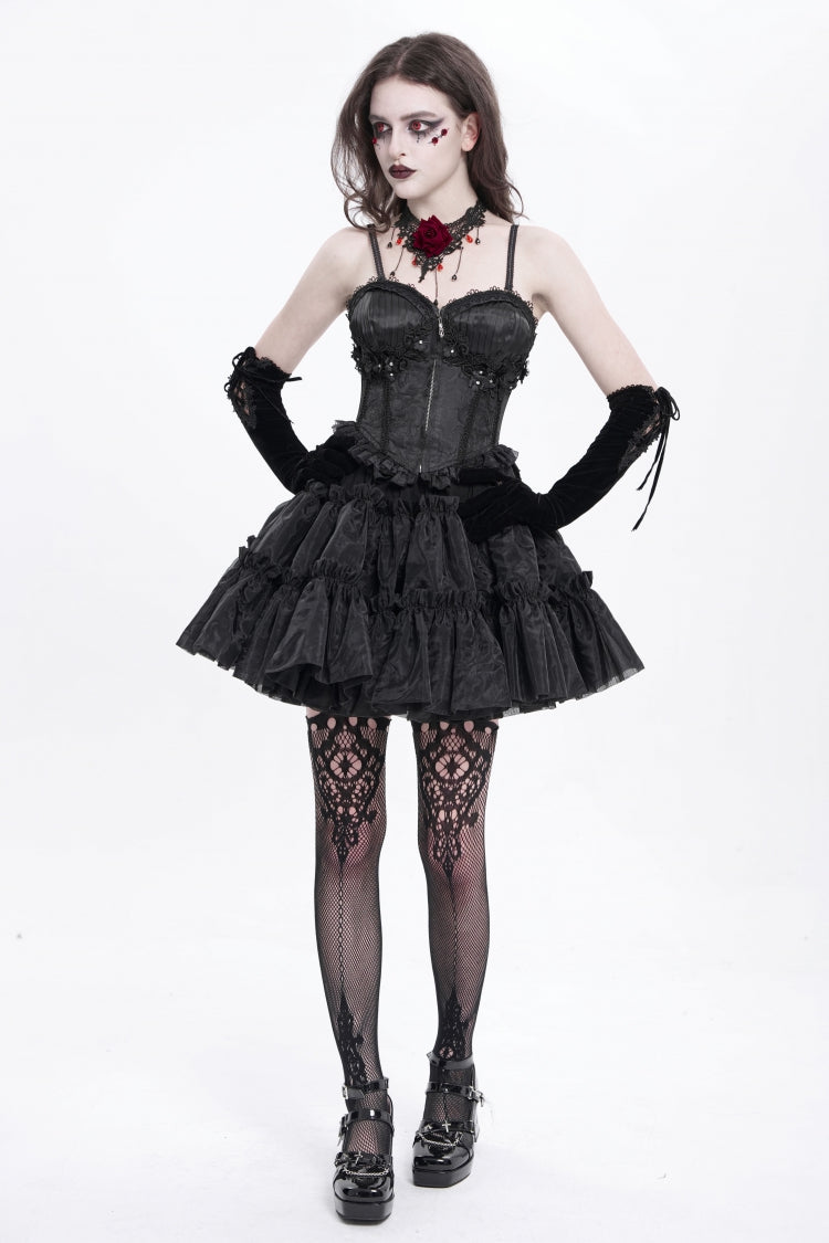 Black Sleeveless Ruffle Embroidery Lace-Up Women's Gothic Tank Top