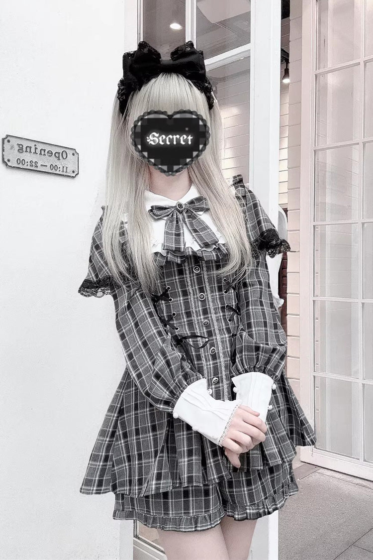 [Twilight Reimi] Long Sleeves Printed Ruffled Bow Lace Sweet Jirai Kei Japanese Dress Shorts Set 4 Colors