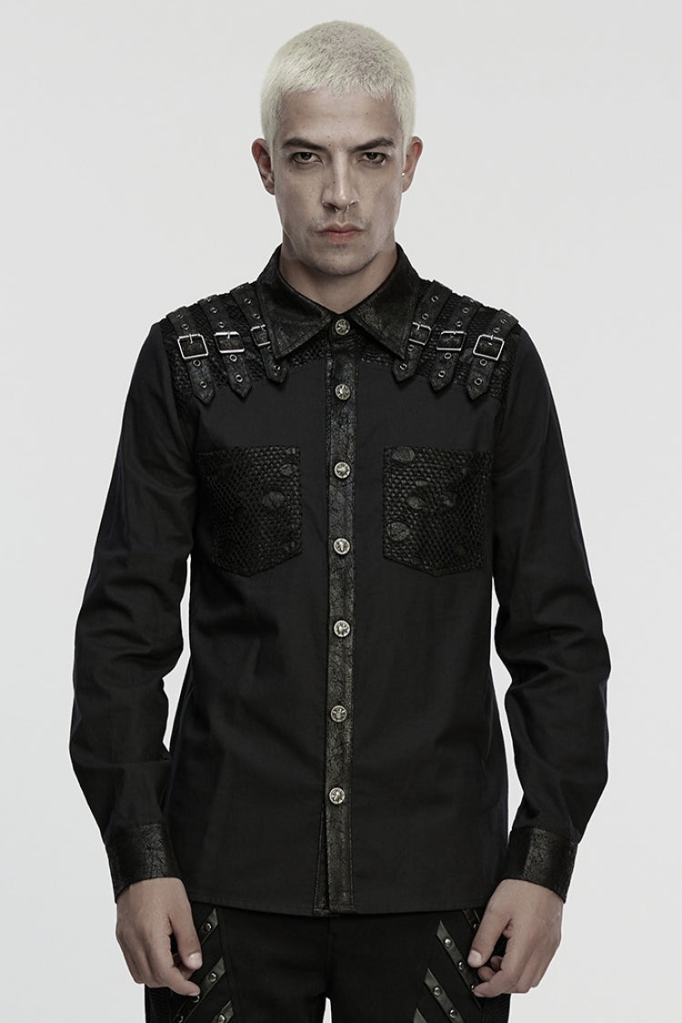 Black Lapel Collar Long Sleeves Stitching Buckle Straps Men's Punk Blouse