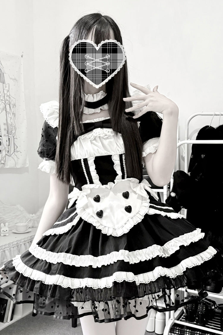 Robe lolita japonaise gothique noire/blanche [Piano Key Girl], manches courtes, double couche, nœud à volants, dentelle, femme de chambre
