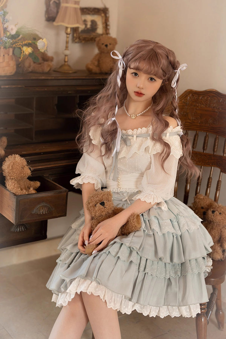 White/Blue Flower Language Multi-layer Ruffle Sweet Lolita Skirt Set