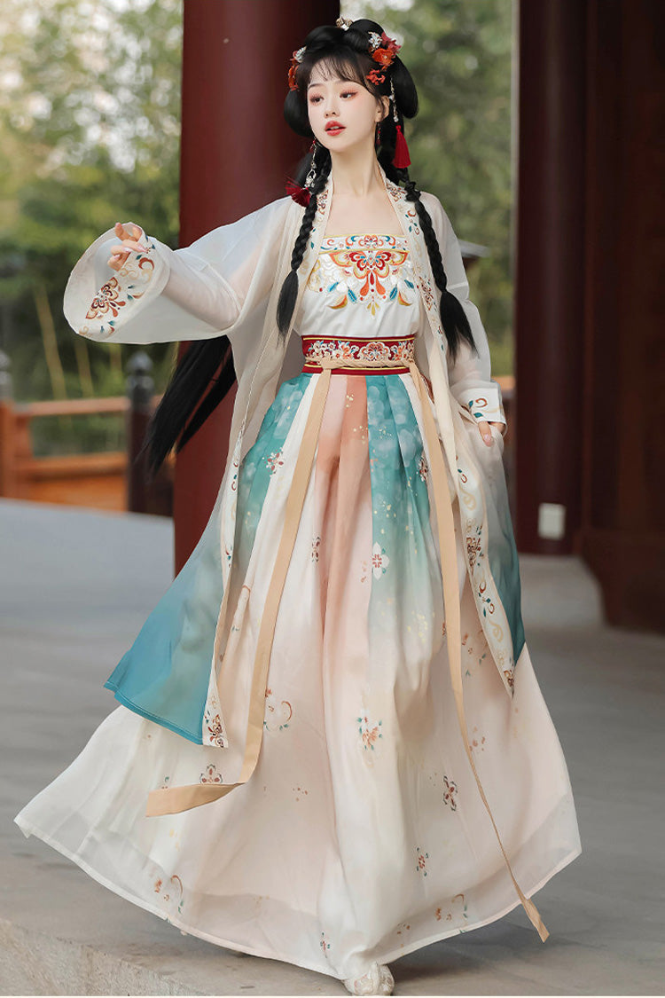 Multicolor [Jade Butterfly] Long Sleeves High Waisted Printed Embroidered Women's Royal Hanfu Set