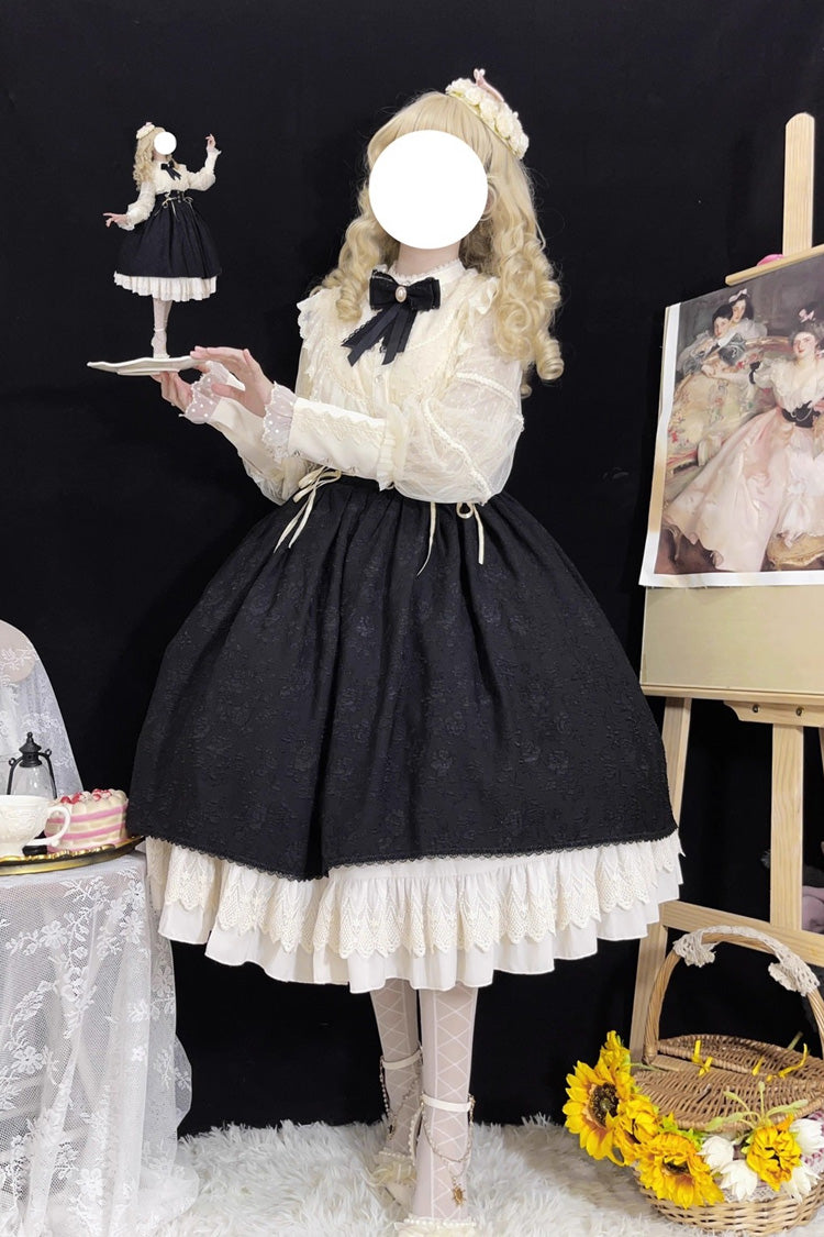Black [Heart of Rose] High Waisted Ruffle Embroidery Lace-Up Sweet Vintage Elegant Palace Lolita Skirt