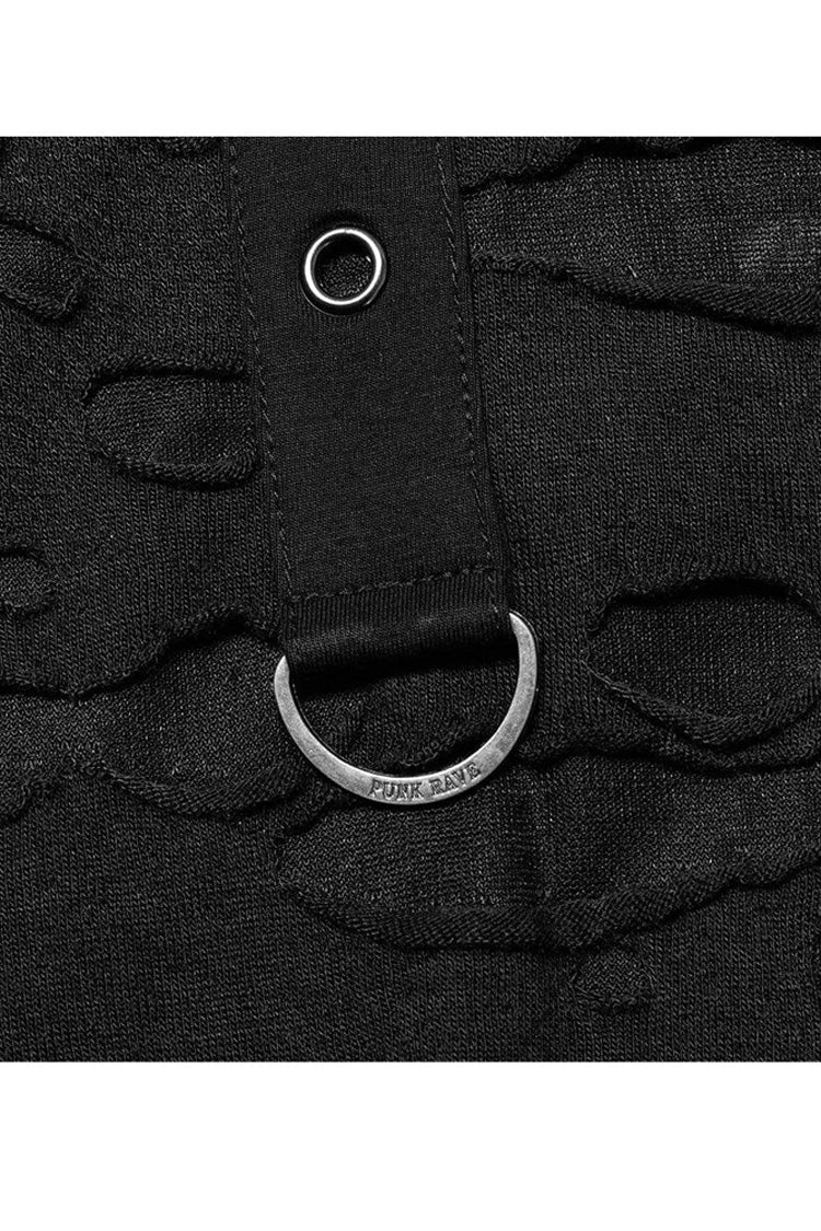 Black Gothic Broken Holes Knitted Fabric Stitching Metal Buckle Detachable Decorative Tape Long Sleeve Men's T-Shirt