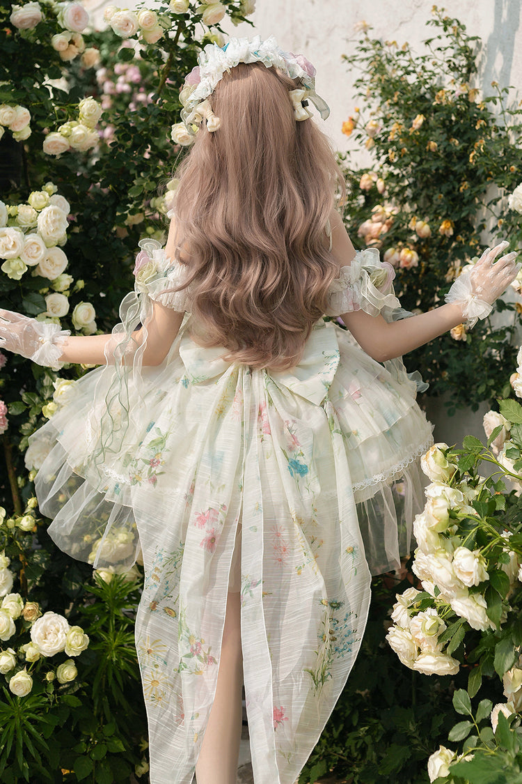 Green [Spring Rose] Sleeveless Multi-Layered Bowknot Lace-Up Fishbone Sweet Lolita Jsk Dress