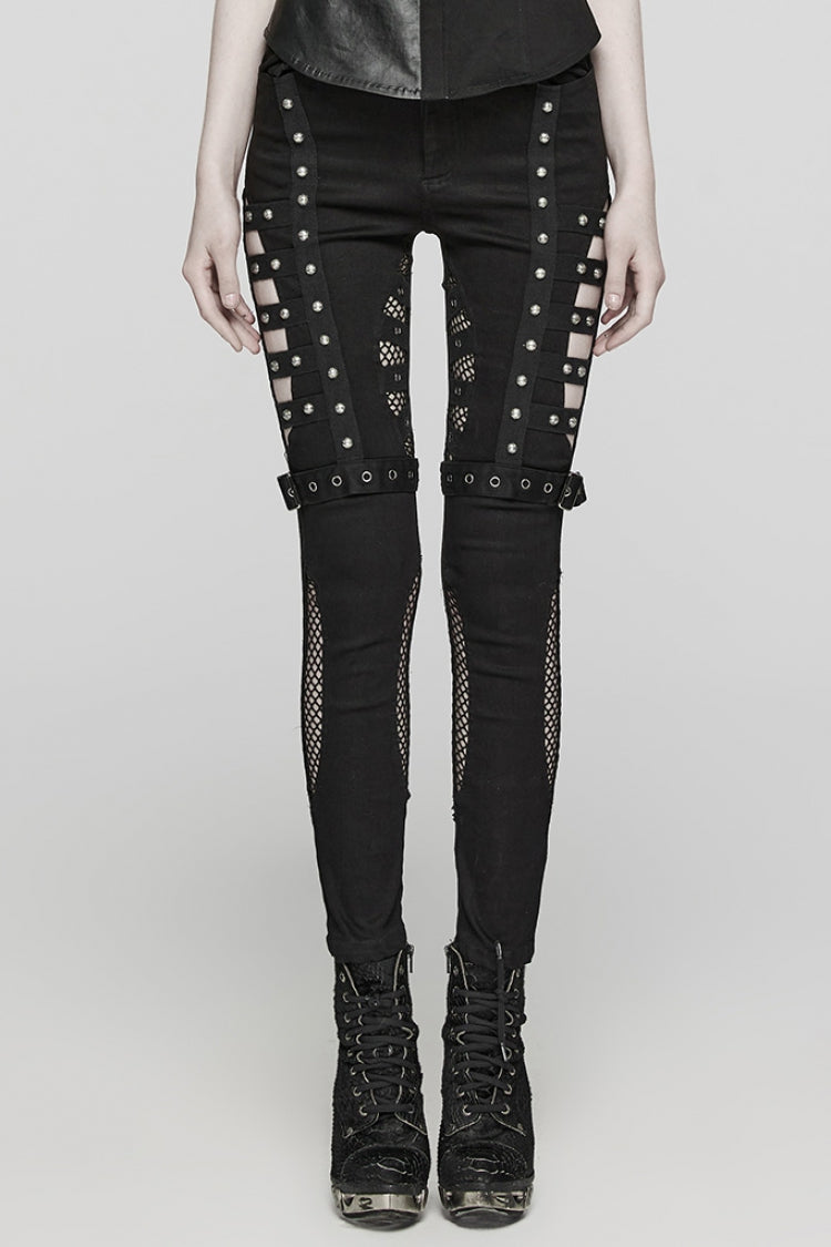 Black Mesh Women's Punk Cutout Eyelet Jeans