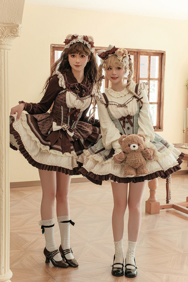 Süßes, ärmelloses, mehrlagiges, bedrucktes, gerüschtes Fishbone-Lolita-Kleid mit quadratischem Kragen, 2 Farben (Mintgrün, Schokoladenbraun)