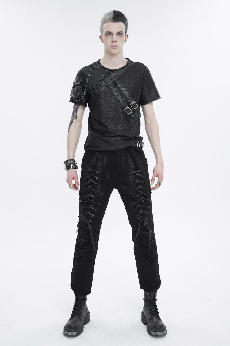 Black Vintage Print Buckle Splice Faux Leather Men's Punk T-Shirt