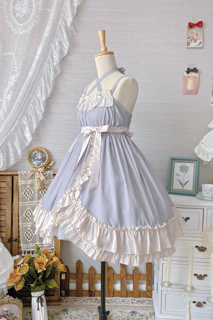 Grey [Monet Estate] Sleeveless High Waisted Ruffle Bowknot Asymmetric Sweet Lolita Jsk Dress