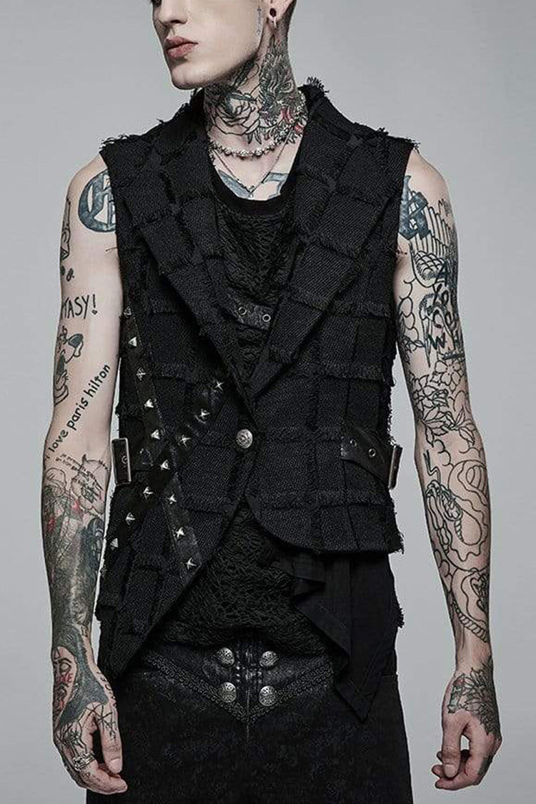 Black Gothic Asymmetrical Decadence Hairy Flu Back Cutout Design Leather Strip Metal Rivets Men's Vest