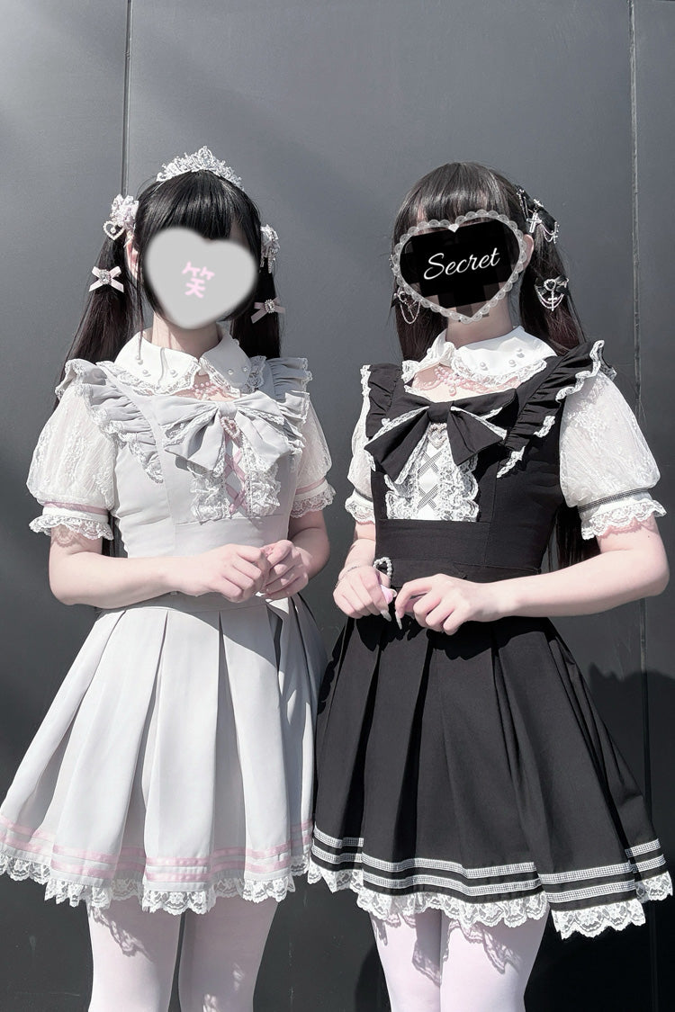 [Pearl Letter] Lapel Collar Short Sleeves Ruffled Bow Lace Jirai Kei Japanese Dress 2 Colors