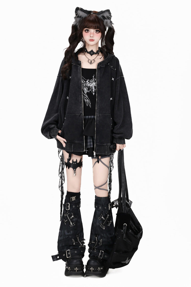 Schwarze, mit Kapuze und Stern bestickte Damen-Gothic-Übergrößejacke mit Reißverschluss