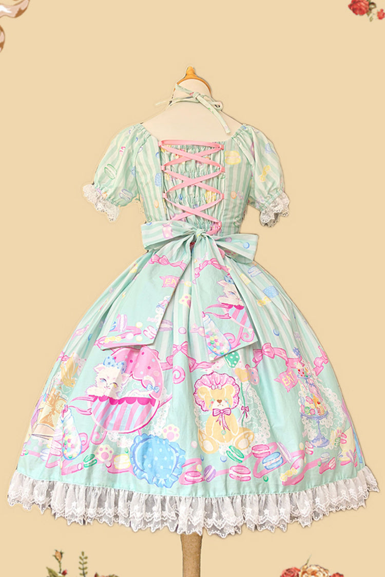 [Macaron Dolly House] Robe Lolita douce à col Claudine, manches courtes, imprimé nœud papillon, 3 couleurs 