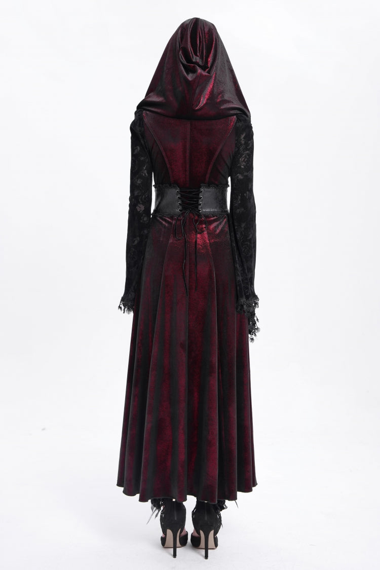 Red Long Sleeves Hollow Embroidery Hooded Ripped Women's Gothic Dress Coat
