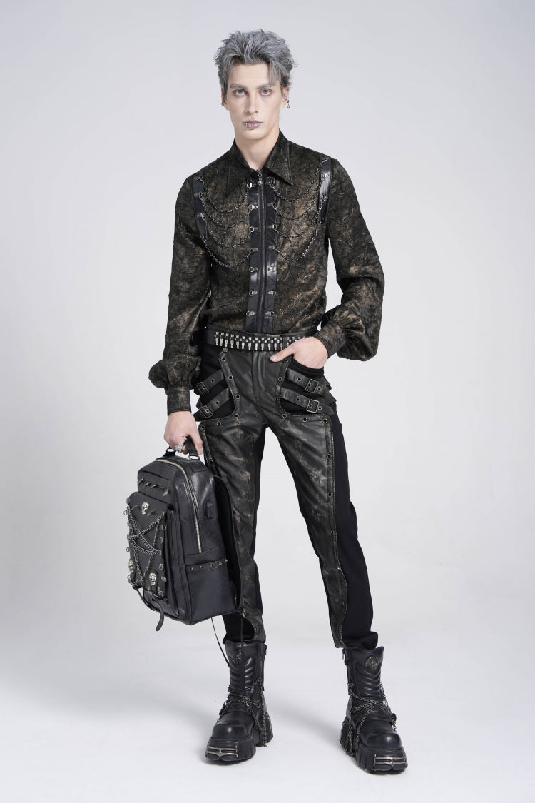 Schwarze Bluse mit Reverskragen, langen Puffärmeln, Kunstleder-Nähten und Kette im Gothic-Stil für Herren 