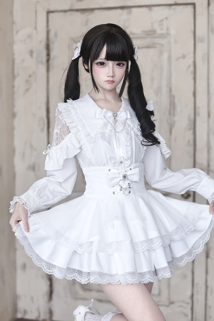 White [Dreamy Love Ballad] Navy Collar Long Sleeves Double-Layered Ruffled Bow Lace Pearl Detail Sweet Jirai Kei Japanese Skirt Set
