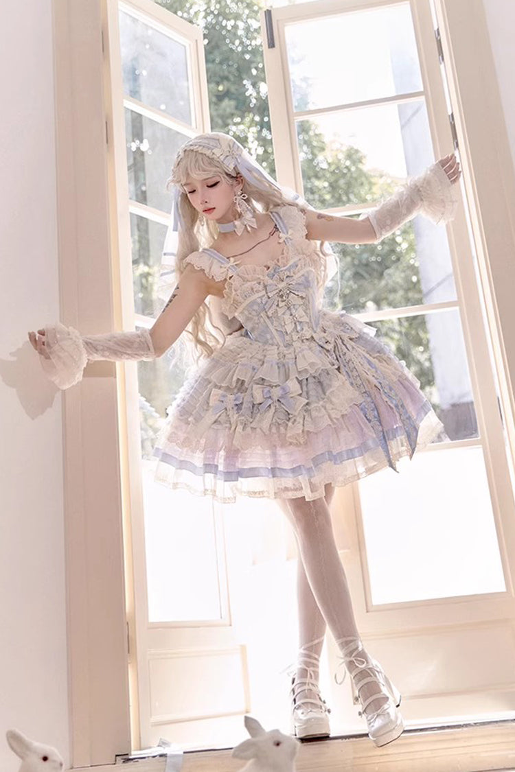 Blue [Moonstone] Sleeveless Ruffle Embroidery Bowknot Lace Fishbone Sweet Princess Lolita Dress