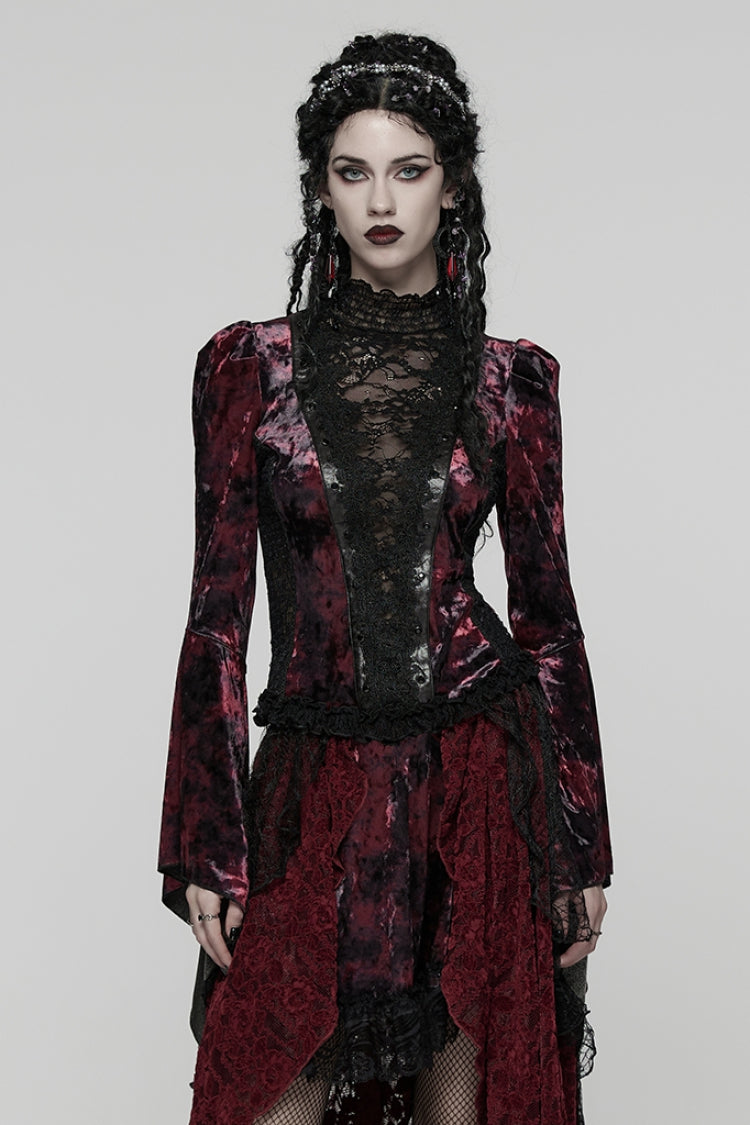 ブラック/レッド ロング トランペット スリーブ スプライス レース レースアップ レディース ゴシック ブラウス