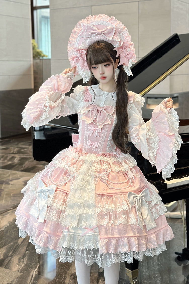 [Sakura Love] Multi-Layered Jacquard Ruffle Embroidery Cardigan Bowknot Lace Sweet Gorgeous Lolita Jsk Dress 2 Colors
