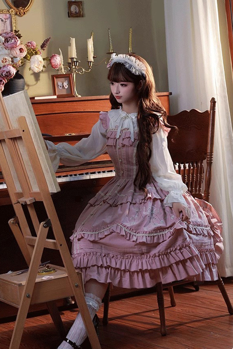 Pink Pastoral Style Double-Layered Ruffle Embroidery Sweet Lolita Jsk Dress