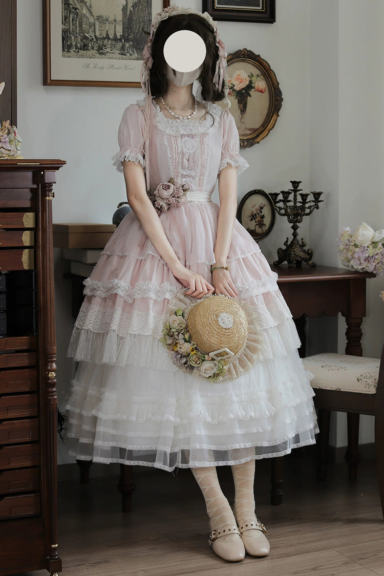 Rose [Vintage Ball 3.0] Robe Lolita douce à col carré et manches courtes en dentelle avec détails de perles