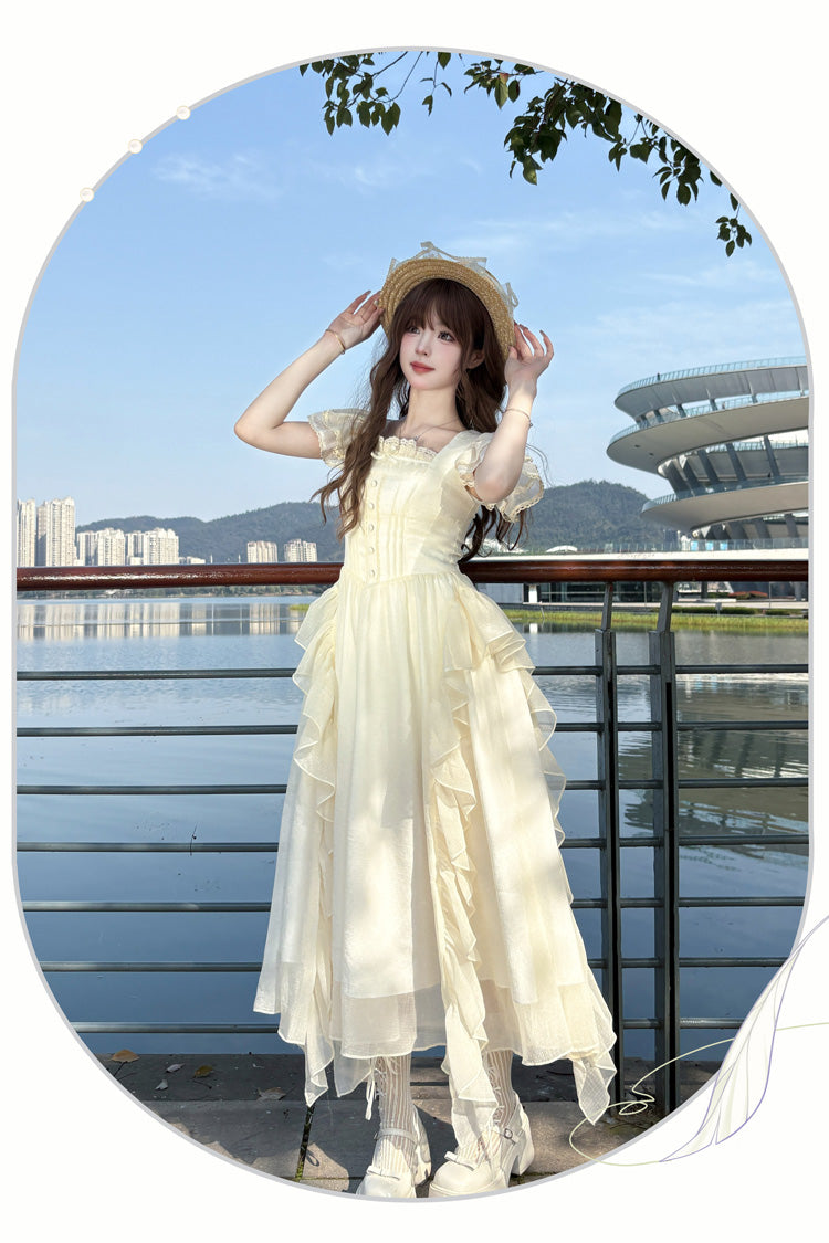 Aprikose [Moonlight Beach] Quadratischer Kragen Kurze Ärmel Rüschen Süßes Lolita-Kleid 