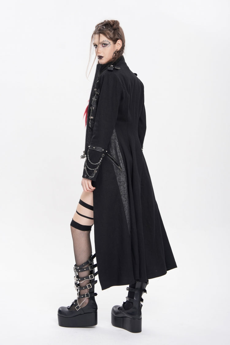 Black Stand Collar Long Sleeves Buckle Chain Women's Punk Jacket