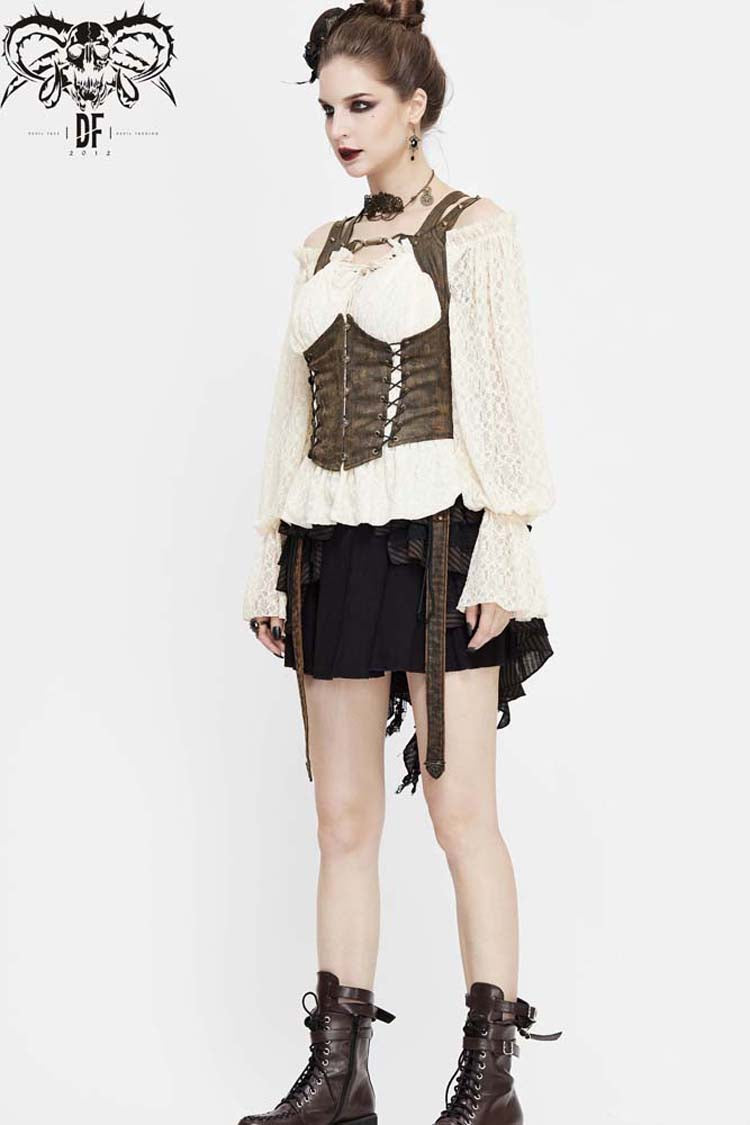 Brown Lace Up Chest Hollow Steel Buckle Rivet Strap Women's Punk Waistcoat