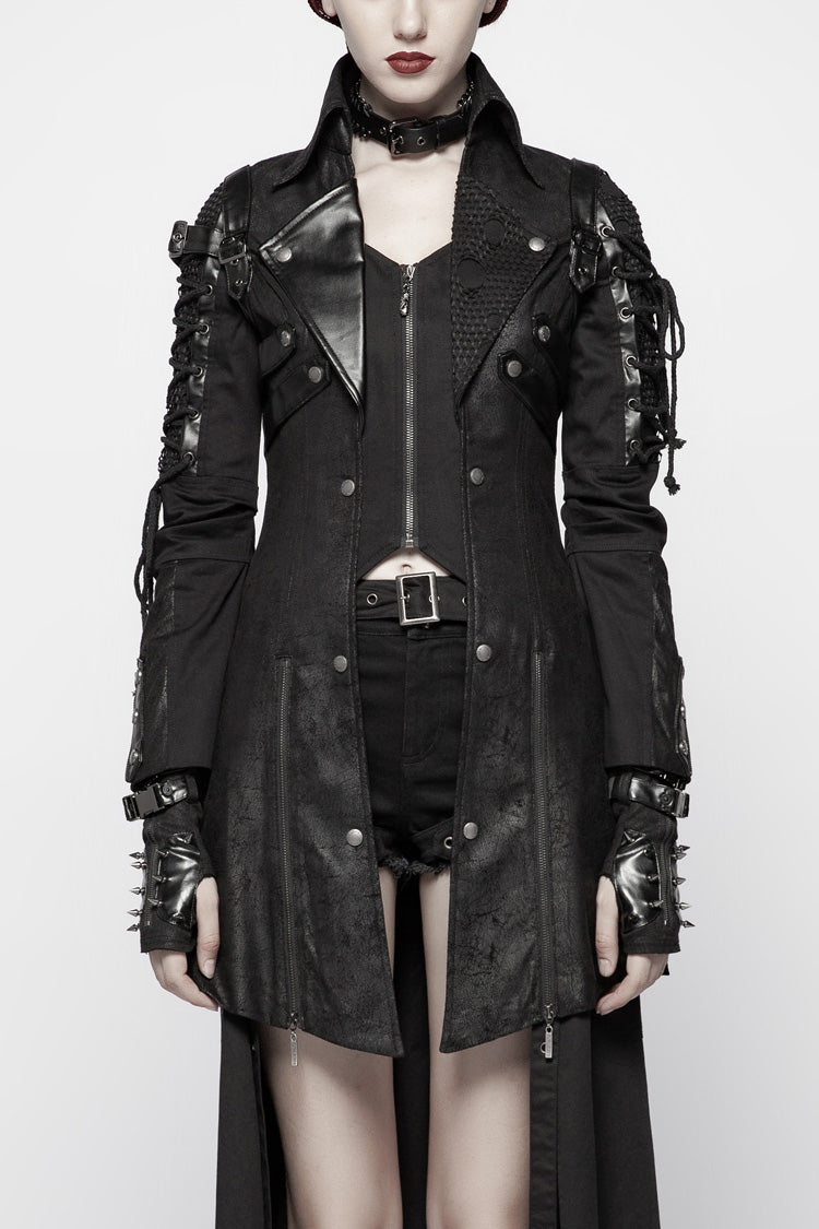 Black Metal Buckle Decoration Zipper Womens Steampunk Windbreaker Coat