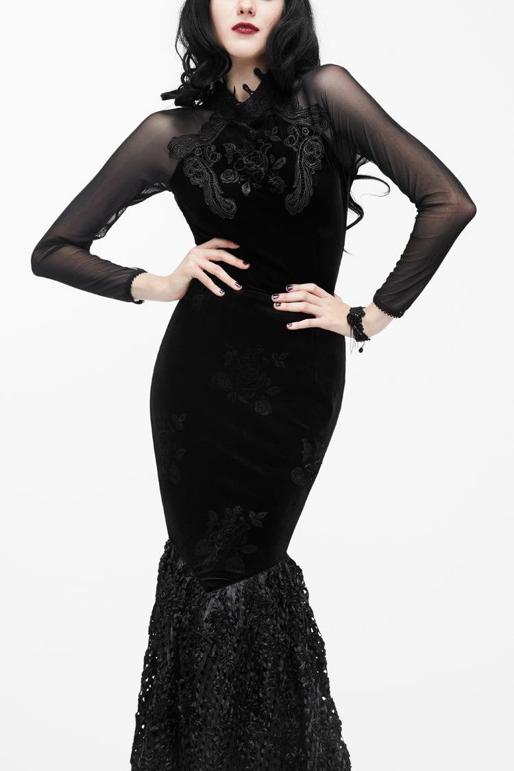 Black High Collar Front Chest Rose Decals Mesh Long Sleeve Rose Embossed Velvet Women's Gothic T-Shirt