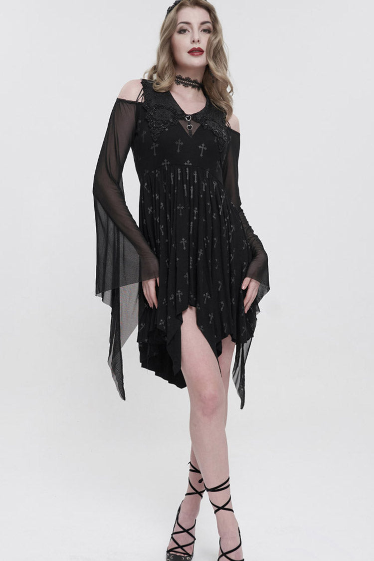 Black Sleeves Cross Print Embroidered And Beaded Neckline Stretch-Mesh Flared Women's Gothic Dress