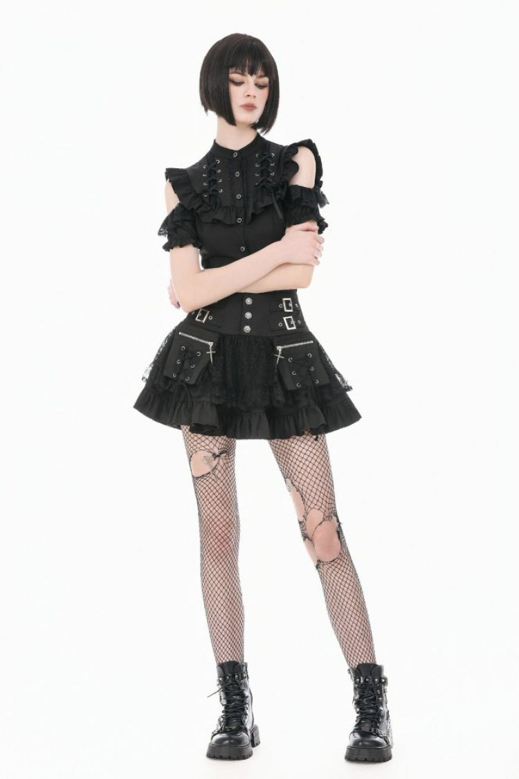 Black High Waisted Multi-Layered Ruffled Lace Patchwork Pocket Women's Punk Mini Skirt