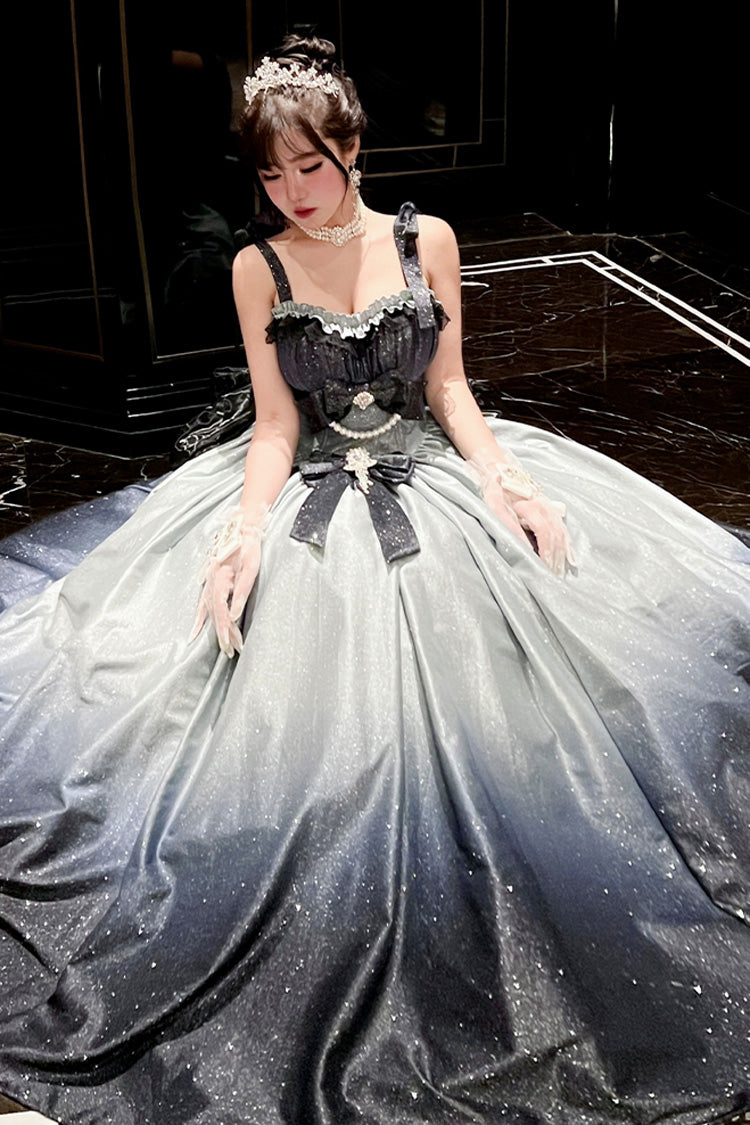 Blue [Fantasy Sea Star River] Sleeveless Print Ruffle Hot Stamping Bowknot Lace Sweet Gorgeous Lolita Jsk Dress