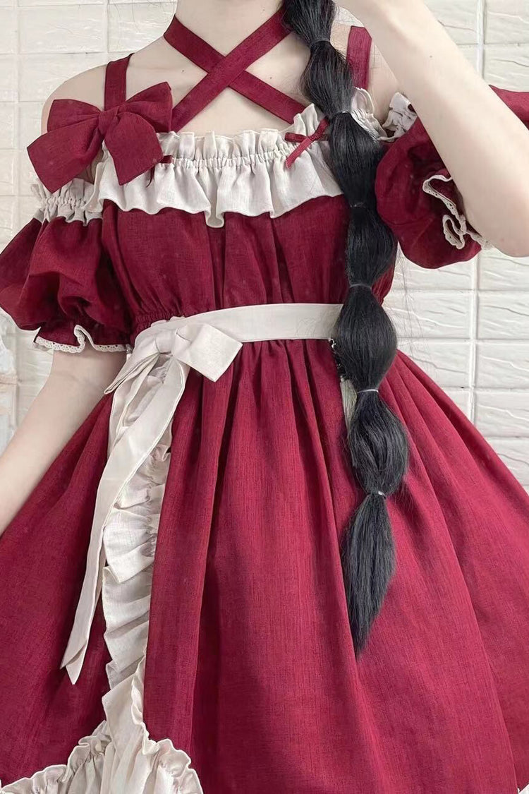 Red [Monet Estate] Sleeveless High Waisted Ruffle Bowknot Asymmetric Gothic Lolita Jsk Dress