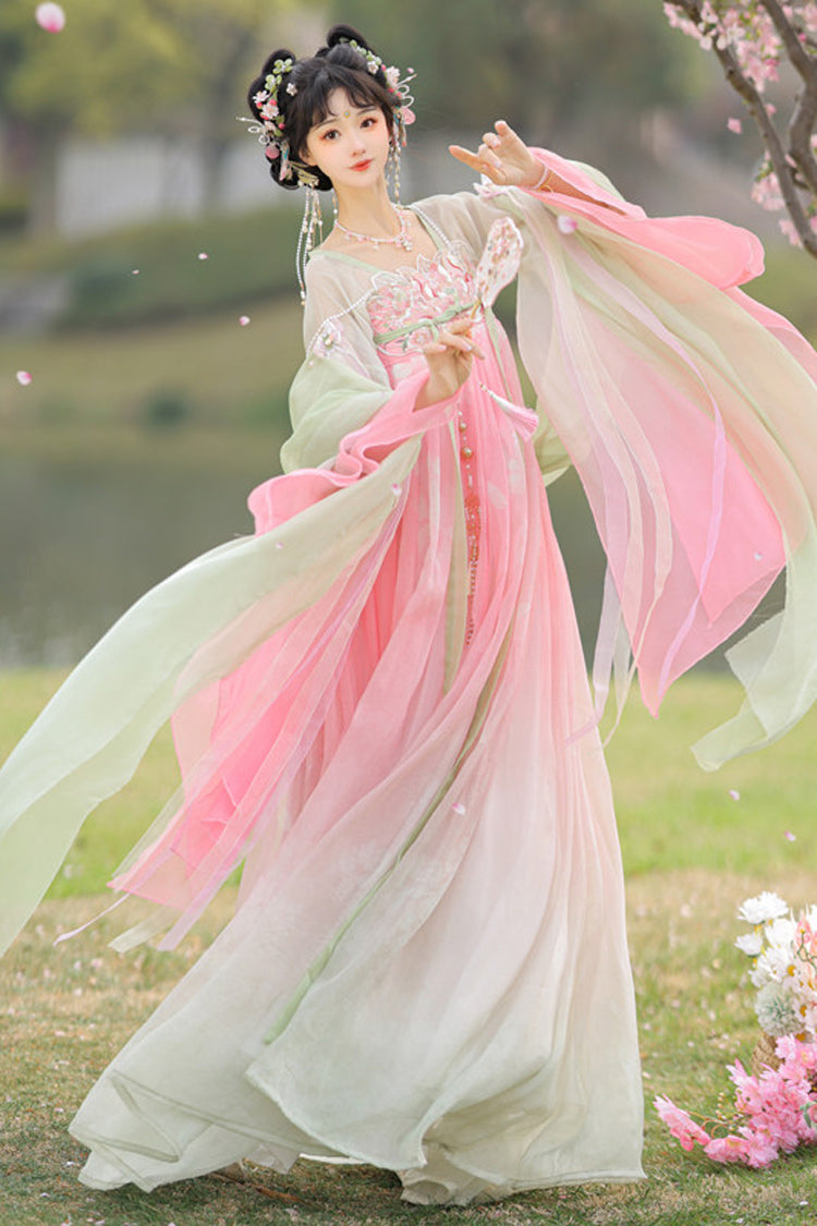 Ensemble de robe Hanfu brodée taille haute pour femmes, rose/vert, [éveil du printemps]