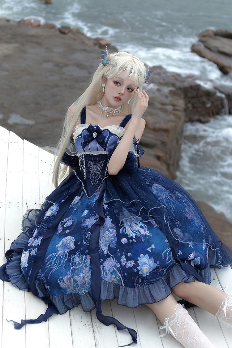 Blaues [Tiefseequallen] Print Rüschenspitze Süßes Elegantes Lolita Jsk Kleid