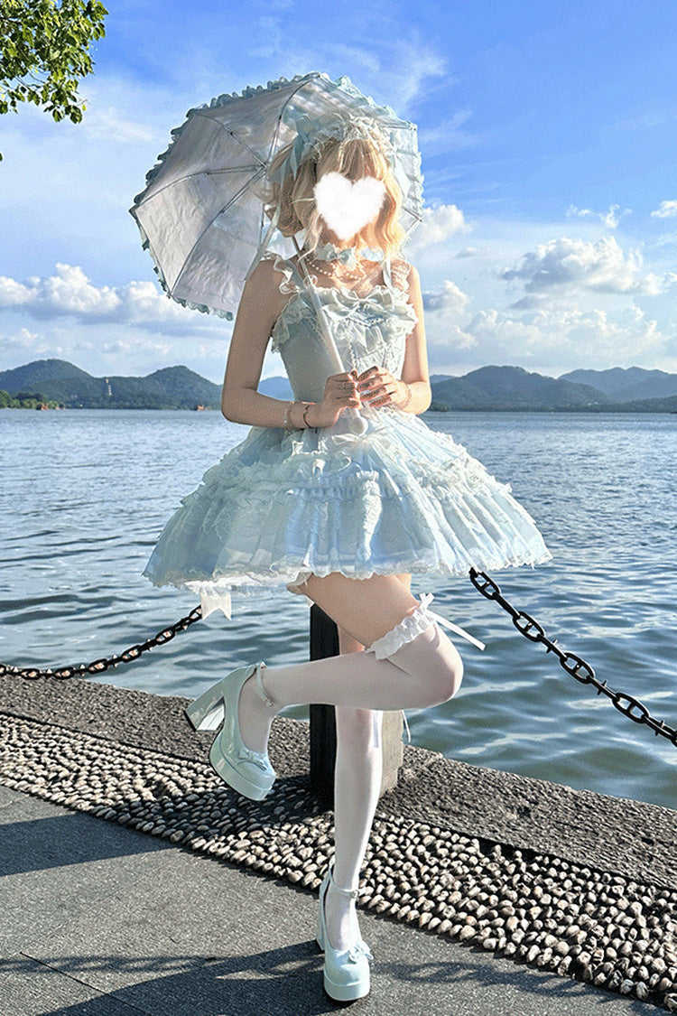 Blue [Candy House] Sleeveless Ruffle Bowknot Lace Lace-Up Sweet Lolita Jsk Dress