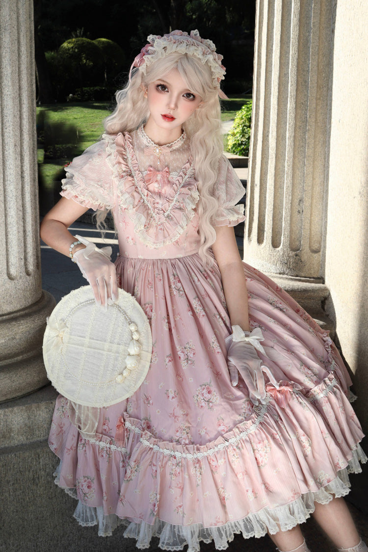 [Daydream Rose] Kurzärmliges Kleid mit Blumen-Jacquard-Print, Rüschenstickerei, Schleifenknoten, Sweet Lolita, in 3 Farben 