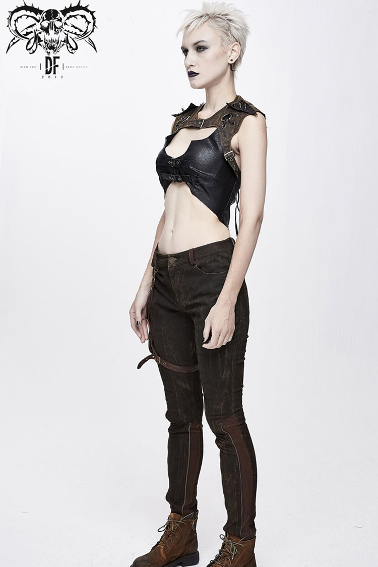 Brown Back Lace Up Raglan Sleeve Chest Hollow Loop Women's Punk Corset