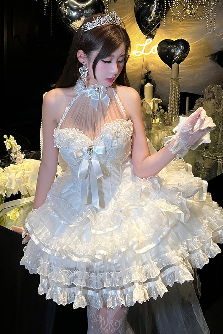 Robe Jsk Lolita Princesse Douce en Dentelle avec Nœud Papillon Hanayome à Volants et Col Halterneck Blanc [Love God Bride] 