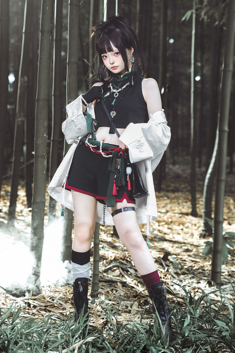Schwarz/Weiß [Panda im Bambuswald] Klassisches, chinesisch inspiriertes Ouji-Lolita-Shorts-Mantel-Set mit Jacquard-Kapuze