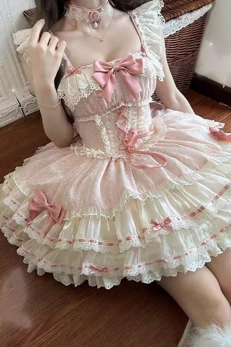Rosa dreilagiges süßes Prinzessinnen-Ballett-Lolita-JSK-Kleid mit Schleife und Schnürung