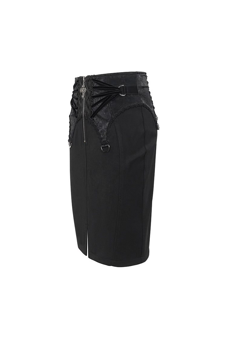 Black Lace Up Floral Embroidered Women's Gothic Split Skirt