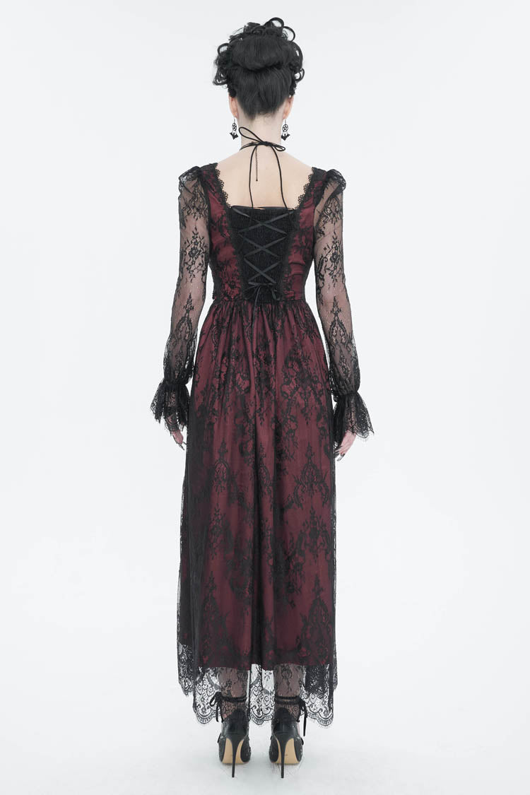 Red Lace Appliqu Adjustable Waist Cutout Women's Gothic Dress