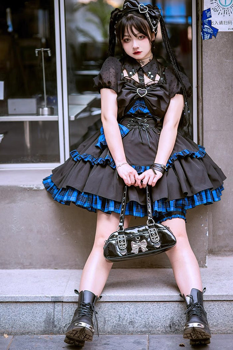 Black/Blue Sleeveless Multi-layer Ruffle Bowknot Gothic Lolita Jsk Dress