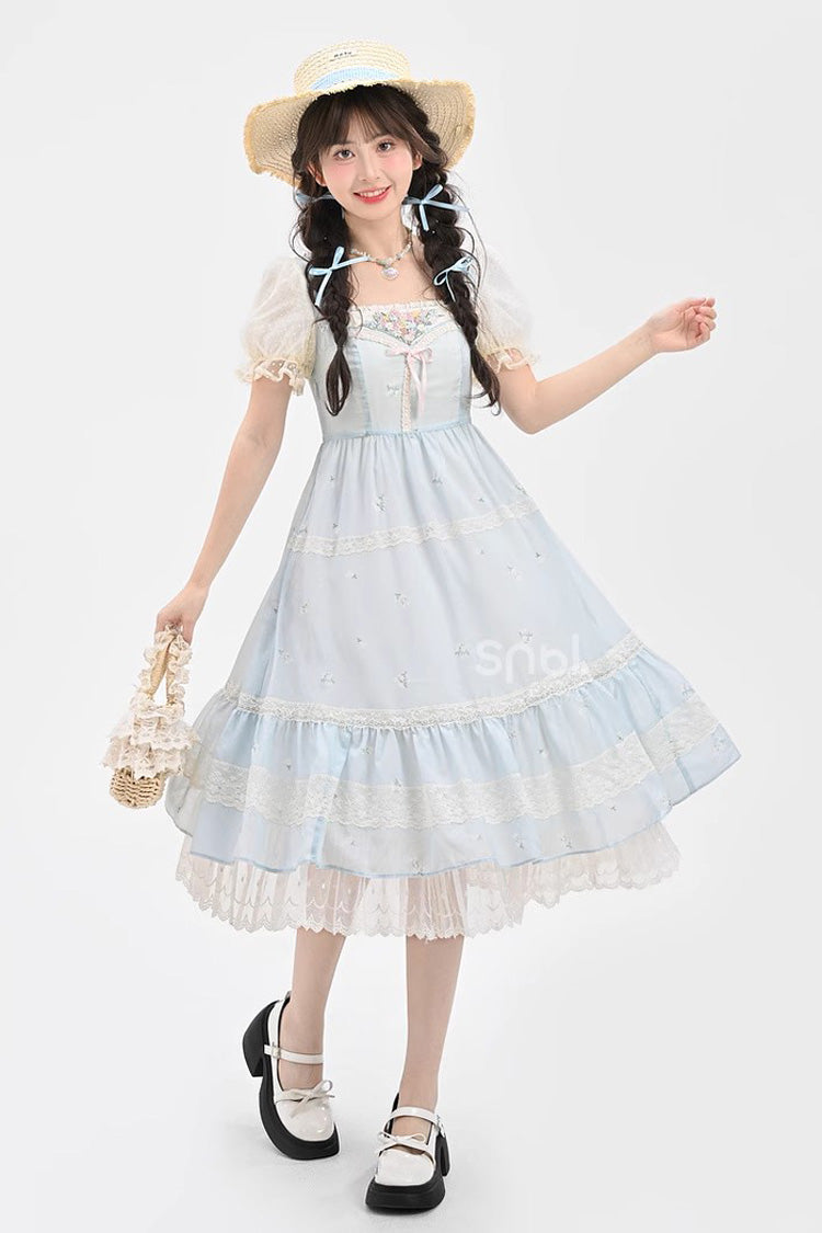 Blue Short Sleeves Embroidery Bowknot Lace Sweet Princess Lolita Dress