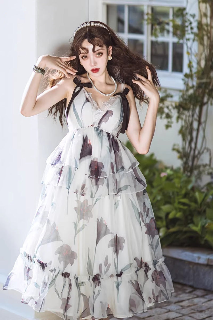 Ivory [Black Lily] V Collar Sleeveless Multi-Layered Printed Ruffled Bow Sweet Lolita Jsk Dress