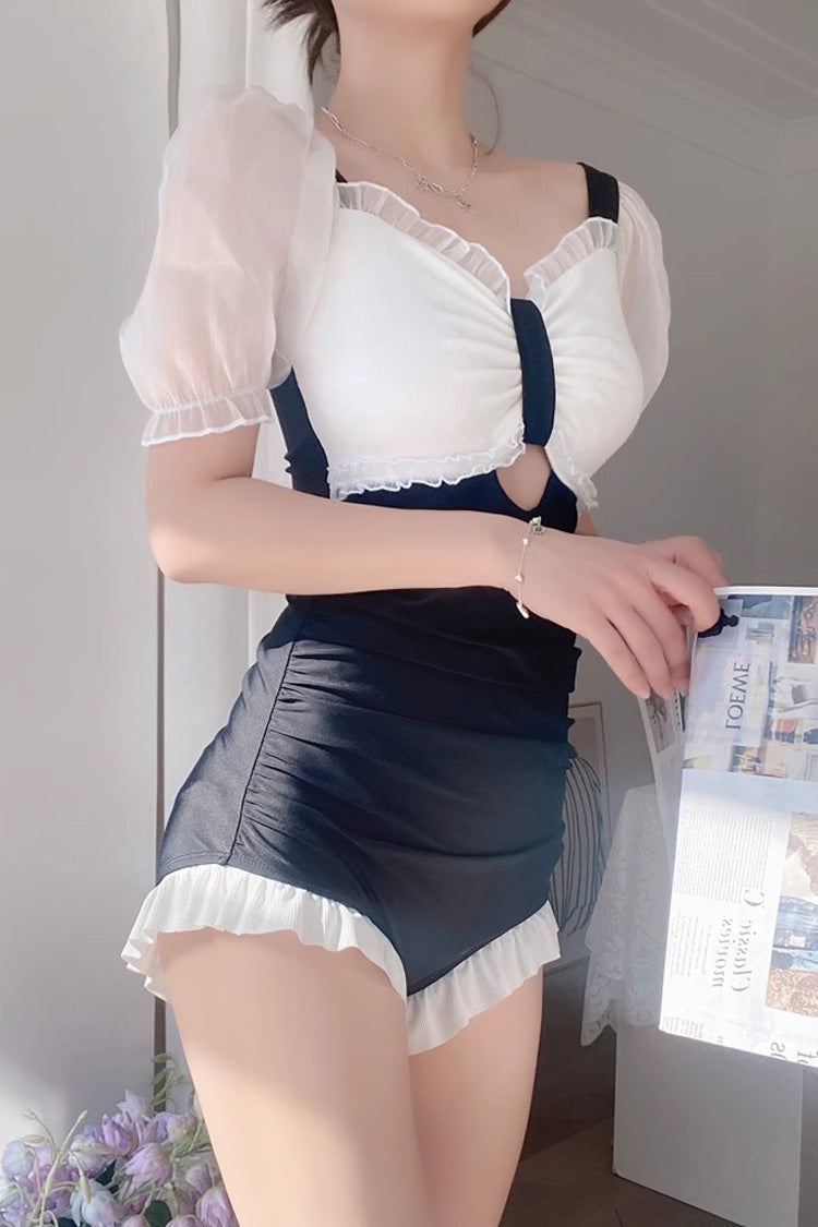 Black/White Short Sleeves Ruffle Cute Sweet Lolita Strapless One Piece Swimsuit