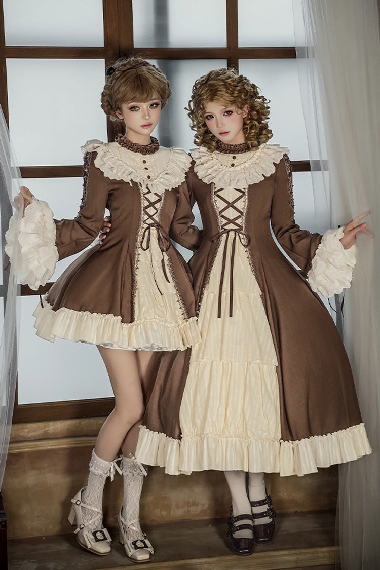 Brown/Beige [Nutcracker] Stand Collar Long Trumpet Sleeves Ruffle Cardigan Bowknot Lace-Up Sweet Lolita Dress Set 2 Versions